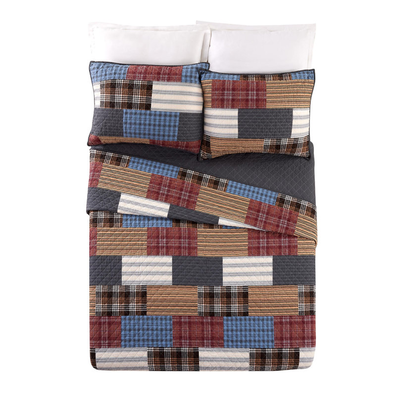 Ensemble de courtepointe en coton à carreaux Cabin, Très grand + 2 très grandes taies décoratives