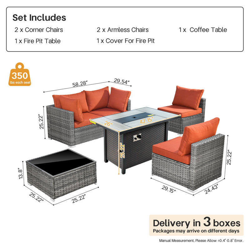 Wicker 4 - Person Outdoor Conversation Set With Fire Pit Table With Cushions, Red Orange