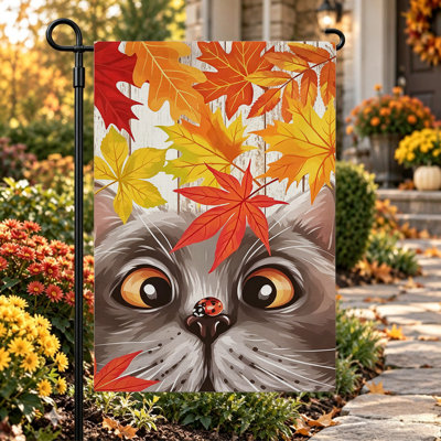 Drapeau de jardin « Bienvenue en automne », double face, 30 x 45 cm, chat et coccinelle gris et orange