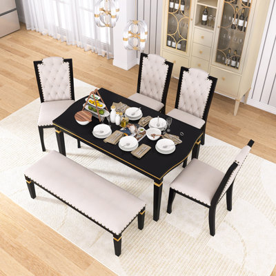 Ensemble de table de salle à manger 6 pièces avec 4 chaises rembourrées à dossier haut et 1 banc, facile à assembler