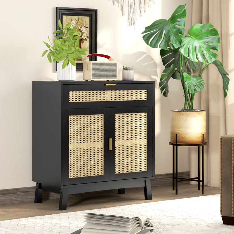 Buffet Boho avec portes en rotin, Noir, noir, noir, noir