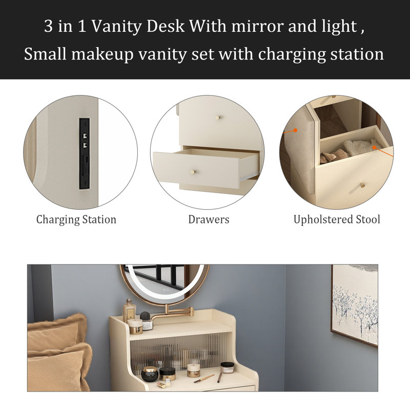 3 In 1 Vanity Desk With Mirror And Light ,Small Makeup Vanity Set With Charging Station, With 2 Drawers And Open Storage Space, With Upholstered Stool, Compact Dressing Table Writing Desk