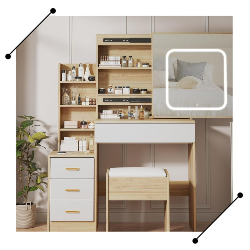 Bureau de coiffeuse avec miroir et lumières DEL, Naturel