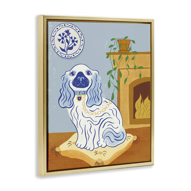 Cadre flottant bleu pour chien et foyer Staffordshire, design par Carrie Cantwell, H 31 po x l 25 po
