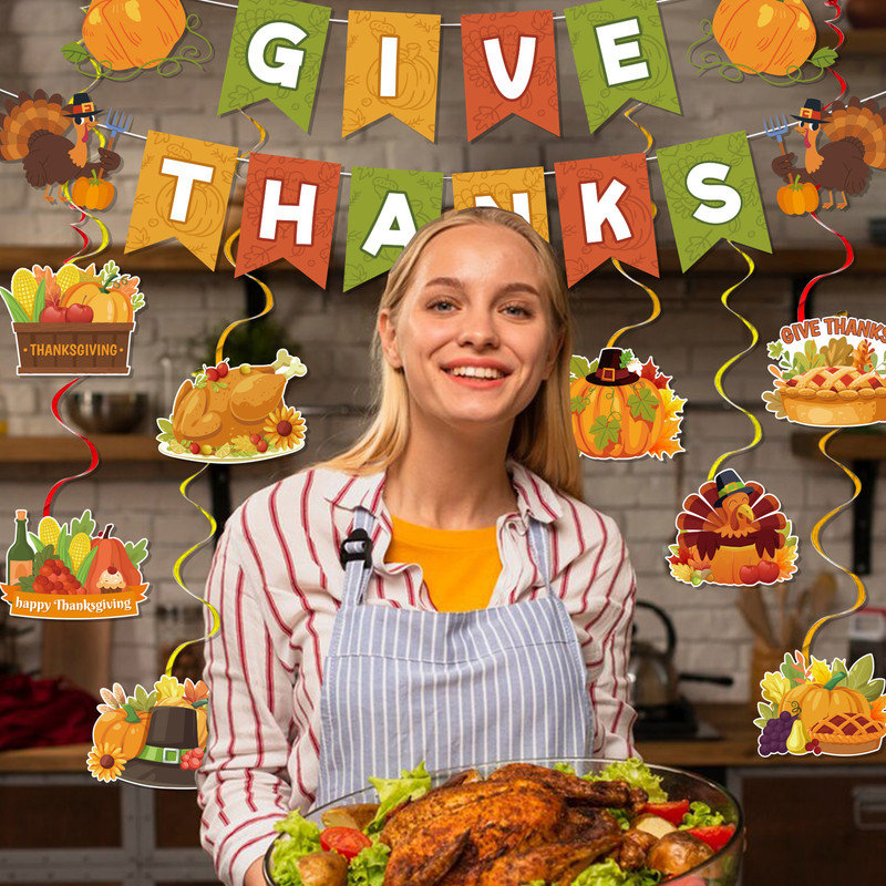 Thanksgiving Party Supplies,17pcs Give Thanks Hanging Swirls&Banner Set