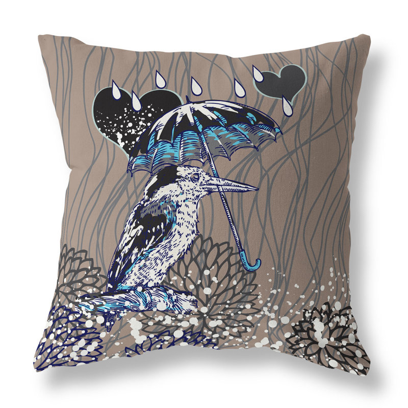 Coussin décoratif réversible Bird / Umbrella, H 16 po x l 16 po, Noir / gris