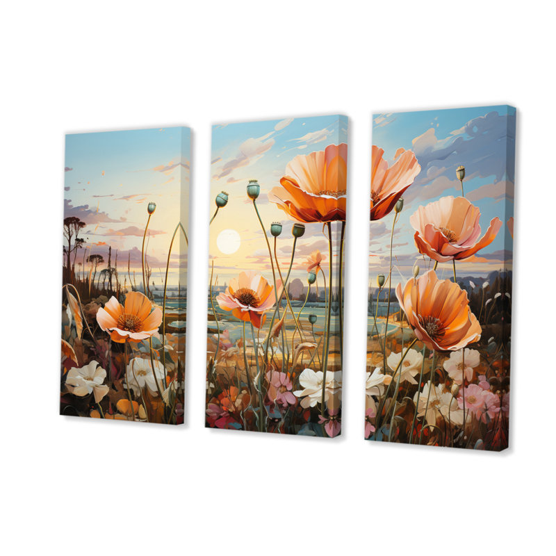 «Peach Sunkissed Petals Wildflowers III» sur toile, reproduction de 3 pièces, H 40 po x l 60 po x P 1 po