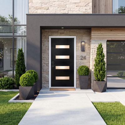 Contemporary Prehung Fiberglass Front Door with 4-Lite Low-E Frosted Glass, PVC Frame, Exterior Entry Door
