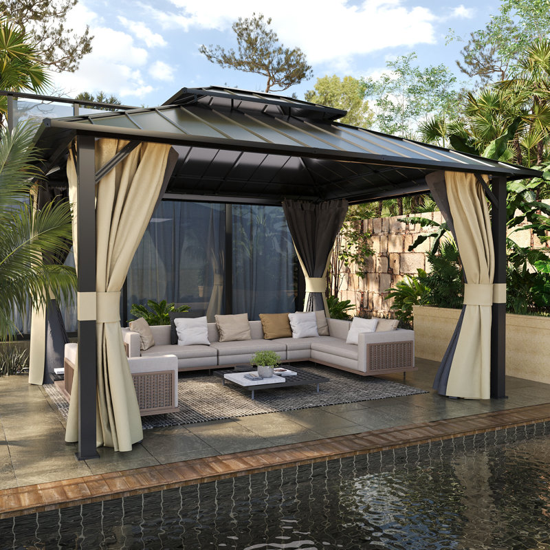 12 pi. L 10 pi. D Pavillon de jardin d'extérieur en aluminium avec cadre en aluminium, filet et rideaux, Beige