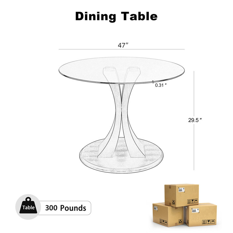 Round Tempered Glass Pedestal Dining Table, 29.5" H x 47" W x 47" D, Clear
