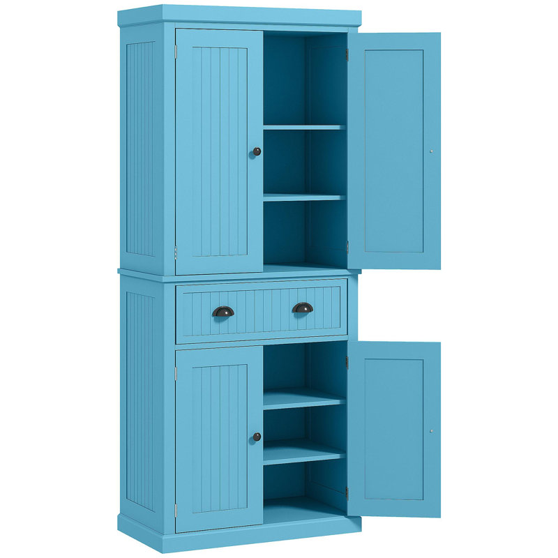 Armoire de cuisine 72 po, grande armoire de rangement autoportante, armoire de cuisine traditionnelle avec 4 portes, tiroir et 3 tablettes réglables pour la salle à manger, bleu clair