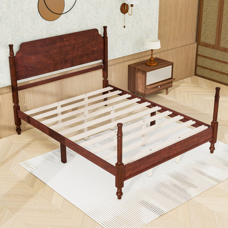 Lit plateforme à tête de fuseau d'inspiration rétro avec tête de lit, Full, Dark Walnut