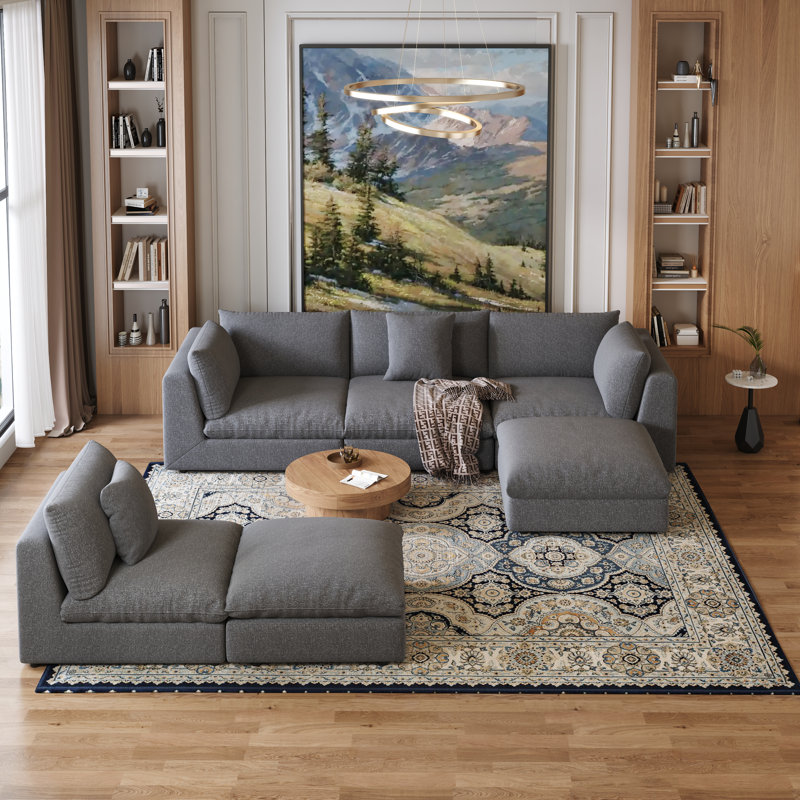 156.6'' Oversized U Shaped 6 Piece Modular Cloud Sectional Sofa with Two Ottoman, Black Linen