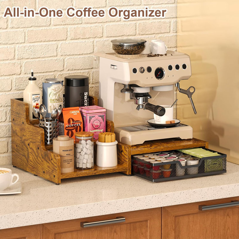 Organisateur de station de café avec porte-gobelet K, capacité de 28 dosettes, support à sirop à 3 niveaux avec tiroir porte-dosette, brun rustique