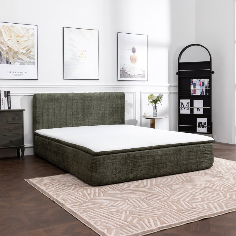 Lit de compression à fermeture à glissière avec matelas de 15 po de hauteur et tête de lit capitonnée, Lit double, Vert