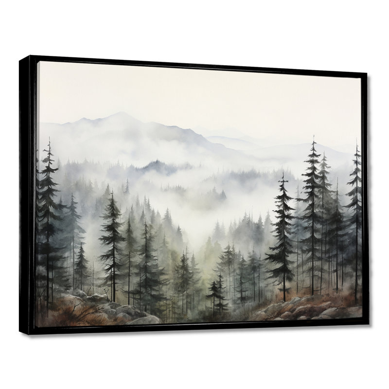 «Pine Misty Mountain II» sur toile, H 24 po x l 32 po, Reproduction avec cadre flottant, Noir