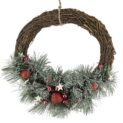 Red Ornaments Pine Needle and Stars Frosted Christmas Wreath