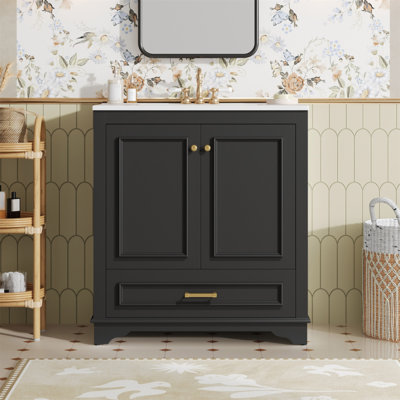 Meuble-lavabo de luxe 30 po avec lavabo en céramique, meuble-lavabo avec 2 grandes portes à fermeture douce, armoire de rangement en bois massif