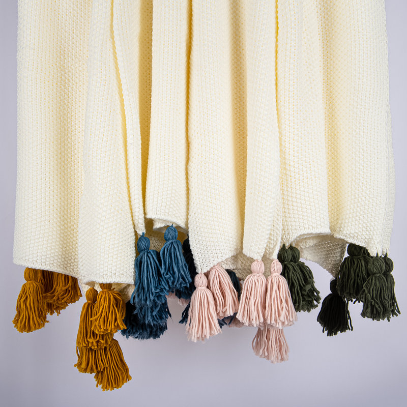 Mustard and Cream Acrylic Knit Throw with Tassels