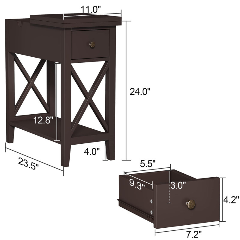 Table de bout à 2 tiroirs, table de bout étroite avec tiroir et petite table de chevet d'appoint, Espresso