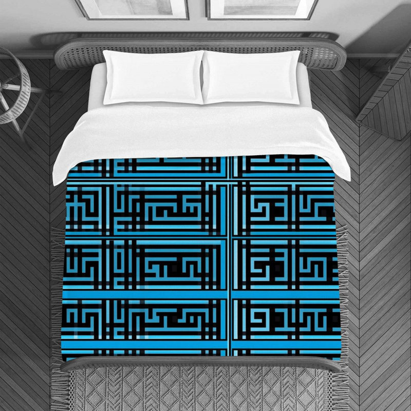 Housse de couette , Housse de couette pour lit simple, Noir / bleu géométrique