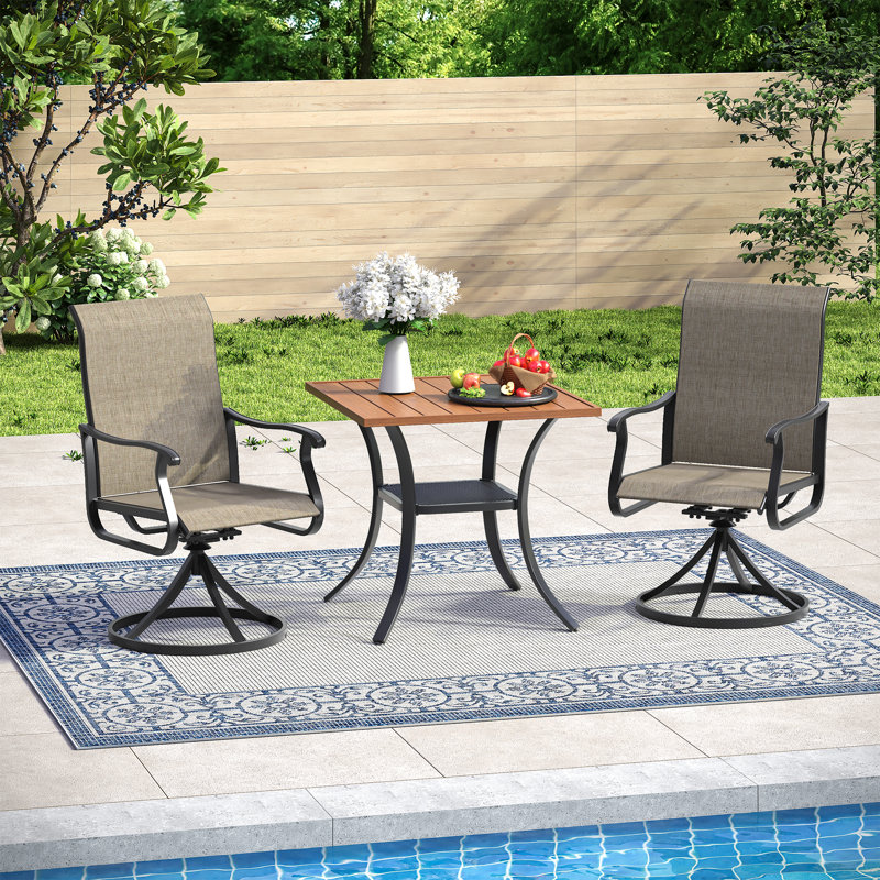Ensemble de salle à manger de patio 3 pièces avec table carrée et 2 chaises pivotantes PVC-coated polyester
