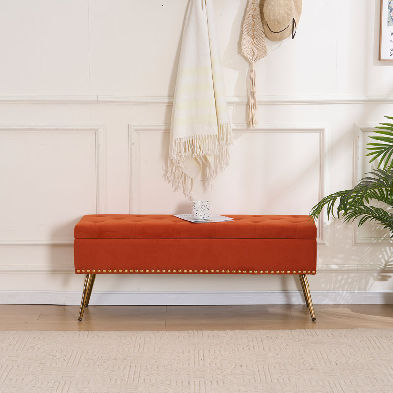 Banc repose-pieds en velours avec rangement, Orange, H 18 po x l 46 po x P 15,5 po