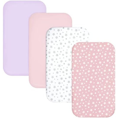 Pack And Play Sheets Girl, lot de 4 mini draps pour lit de bébé, drap-housse extensible Pack N Play Playard, compatible avec Graco Pack N Play, matériau doux et respirant, rose