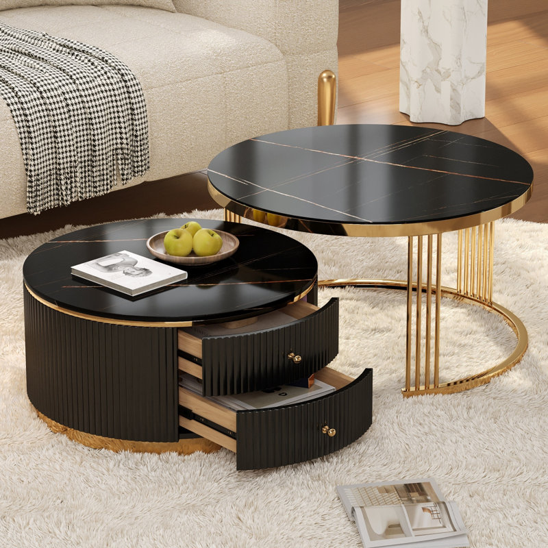Ensemble de tables basses modernes gigognes 2 pièces avec tiroirs, peu encombrant et élégant pour tout salon, Noir