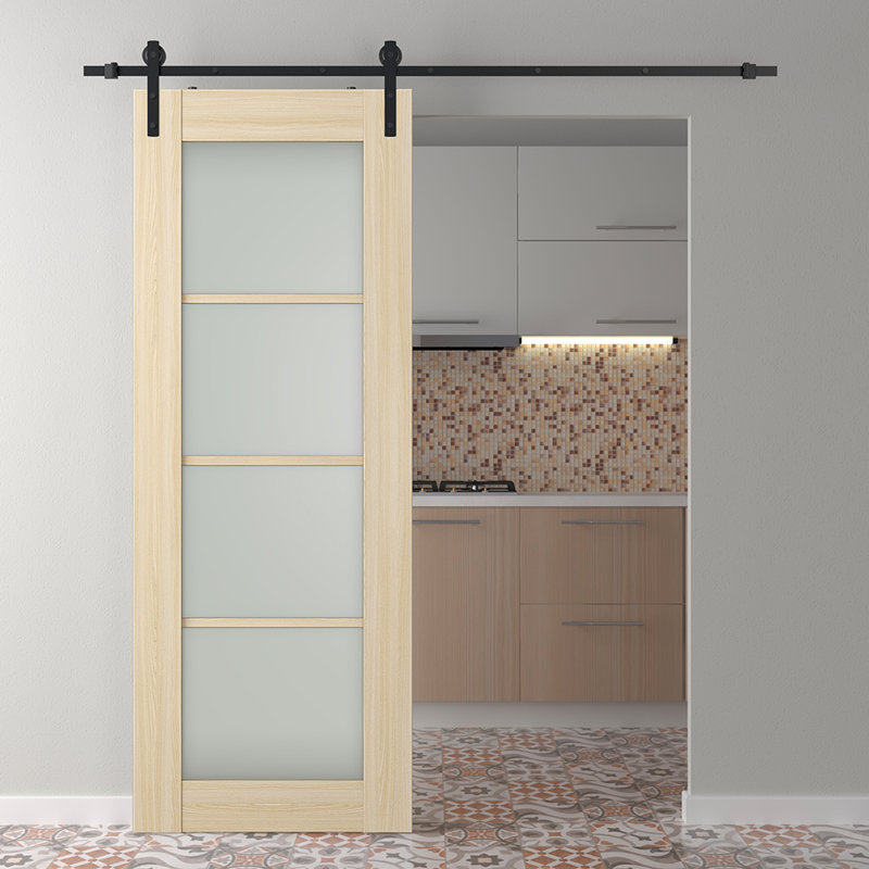 Porte de grange préfinie à panneaux en bois manufacturé Avon 4 Lite, Frêne de la loire, 23,875 po x 95,24 po