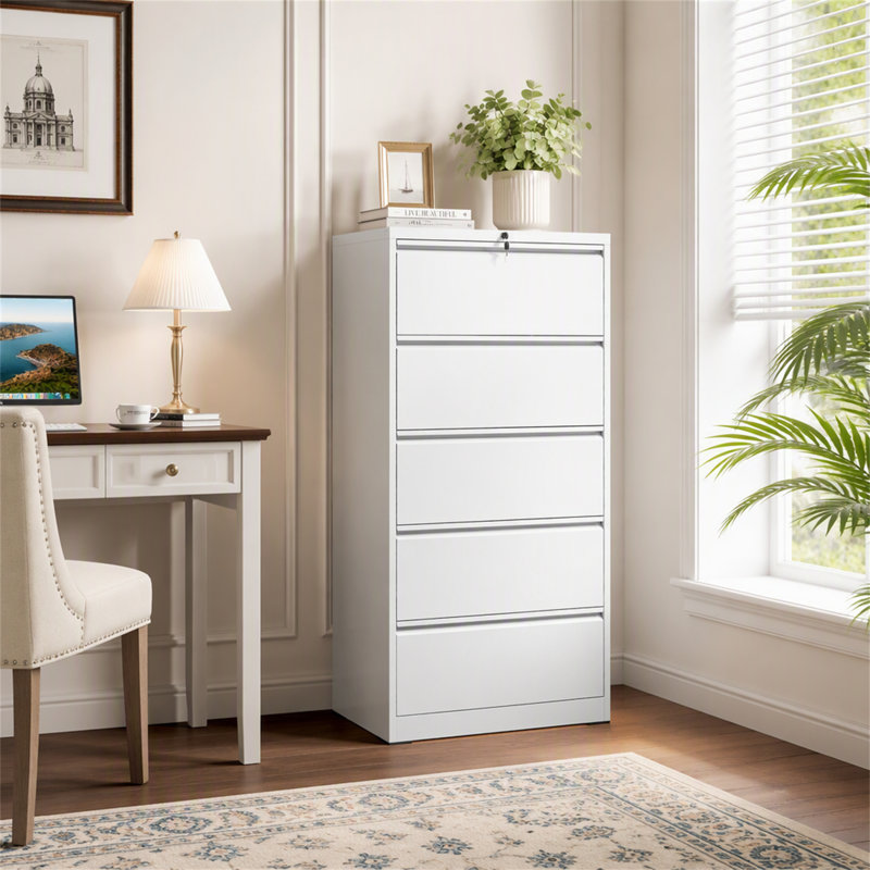 5-Drawer Metal Lateral File Cabinet with Lock, Durable and Secure Storage for Legal/Letter/A4/F4 Size Documents, White