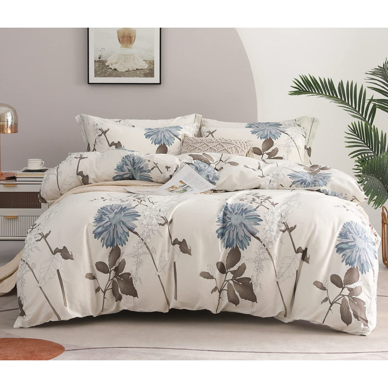 SLEEPBELLA Comforter, 600 Thread Count Cotton Comforter Sets, Down Alternative Bedding Set 3Pcs, King, Off-white Botanical