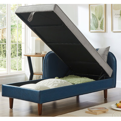 65" Storage Chaise Lounge Sofa Navy  Pu And  Velvet
