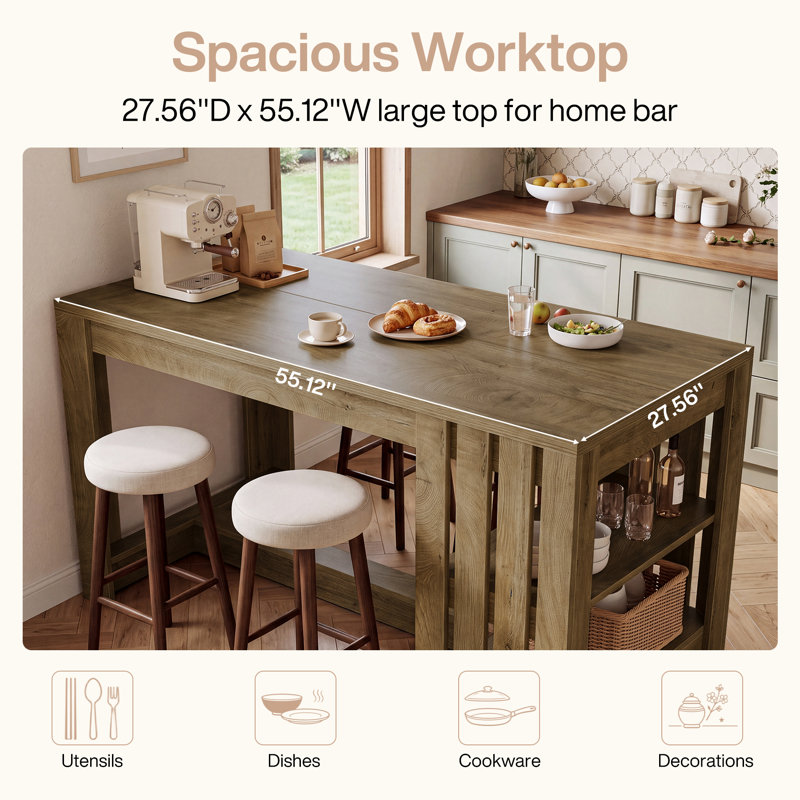 Îlot de cuisine de 140 cm avec tablettes de rangement et espace pour s'asseoir