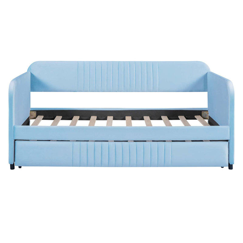 Upholstered Daybed Sofa Bed With Trundle Bed And Wood Slat, Light Blue
