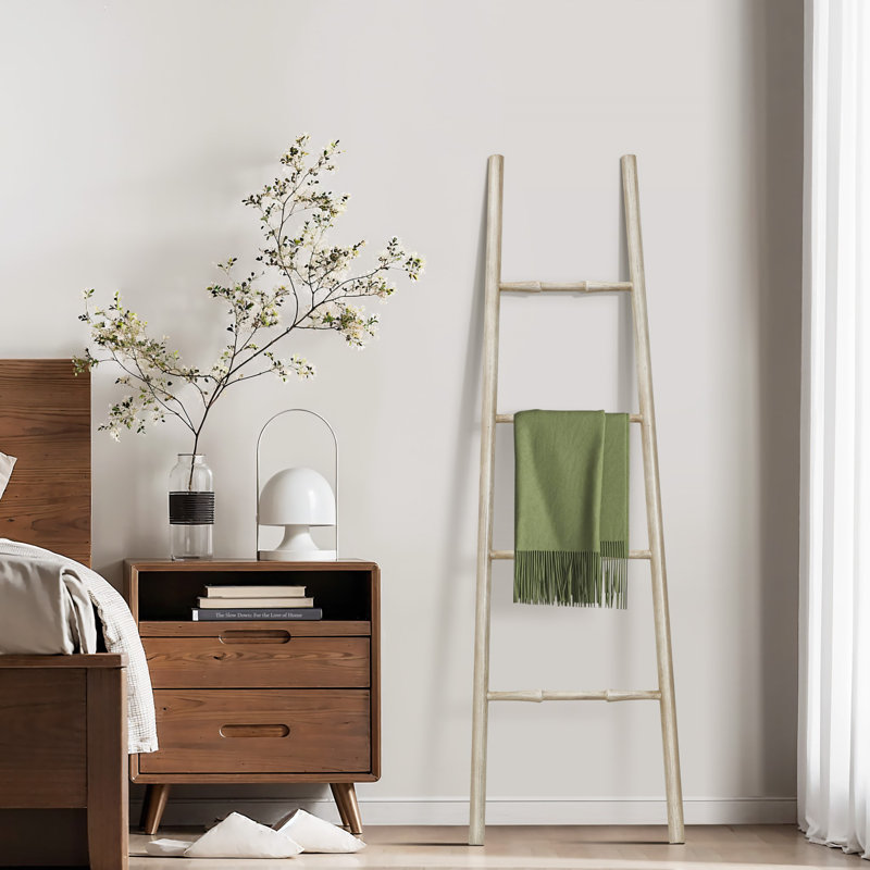 61.3" H Straight Leg Solid Birch Wood Blanket Ladder Rack, Natural Decorative Leaning Blanket Ladder