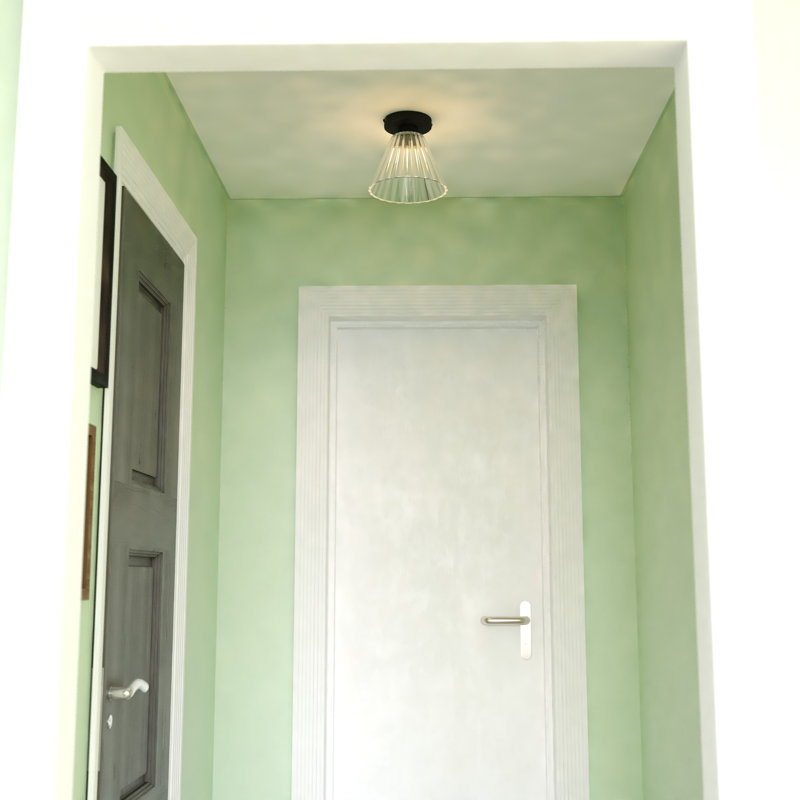 Hertford 1-Light 8 In. Wide Matte Black Transitional Cone Flush Mount Lighting Fixture, Clear Ribbed Glass Shade, LED Compatible, For Low Ceilings, Bedroom, Hallway, Kitchen