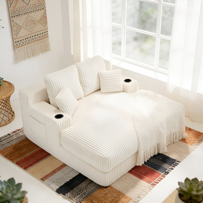  Chaise longue rembourrée en velours côtelé, fauteuil moelleux pour le salon, fauteuil-lit avec oreiller, poche latérale et porte-gobelet