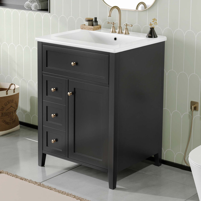 Meuble-lavabo noir 24 po avec lavabo, panneau de fibres à densité moyenne et fabrication en bois d'hévéa, 3 tiroirs et armoire avec tablettes réglables