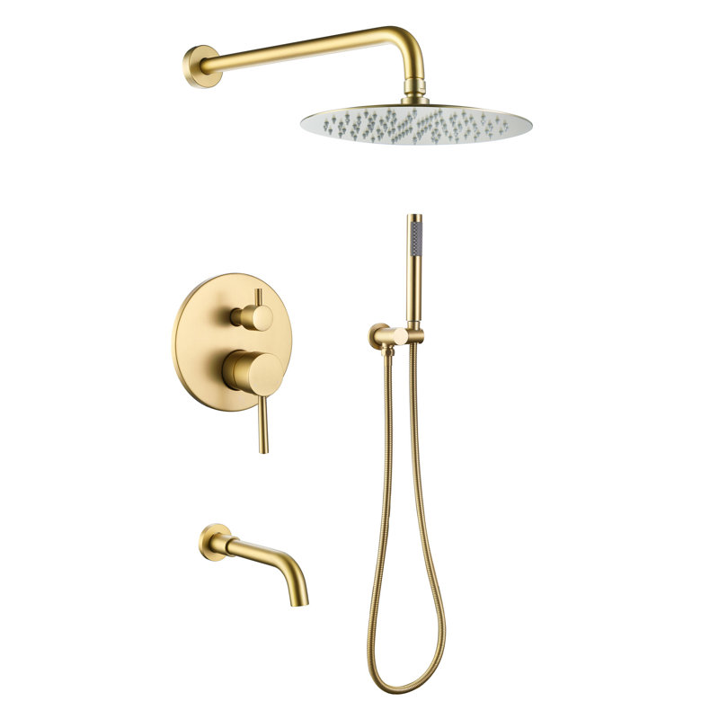 10" Solid Brass Wall Mounted Pressure Balance Complete Shower System With Tub Spout, Brushed Gold