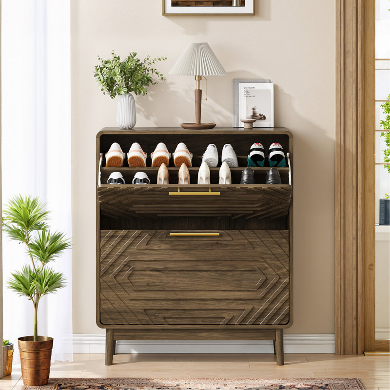 31.5" Walnut Shoe Cabinet, Mid-Century Modern Freestanding Shoe Cabinet, Freestanding Organizer With 2 Flip-Top Drawers, Suitable For Entry, Hallway And Foyer