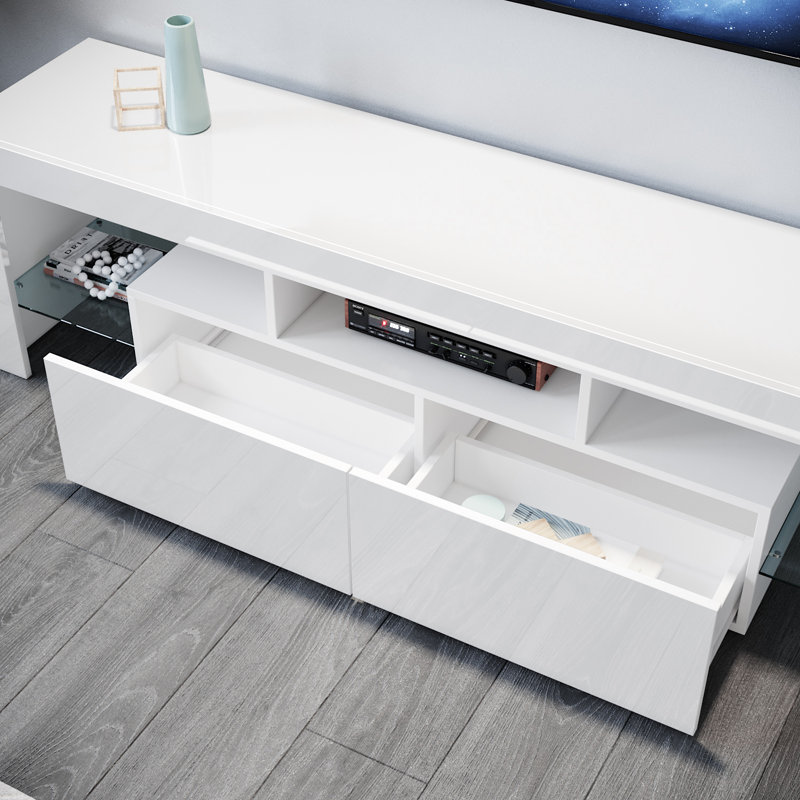 Birchfield 160Lx35Wx45H cm High Gloss TV Stand/TV Cabinet, 2 Drawers 3 Storage, RGB Remote, 16W, Fits 65" TVs   , White
