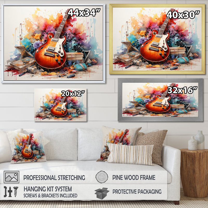 «Dry Watercolor Fire Guitare III», reproduction, Cadre photo noir, H 12 po x l 20 po x P 1 po