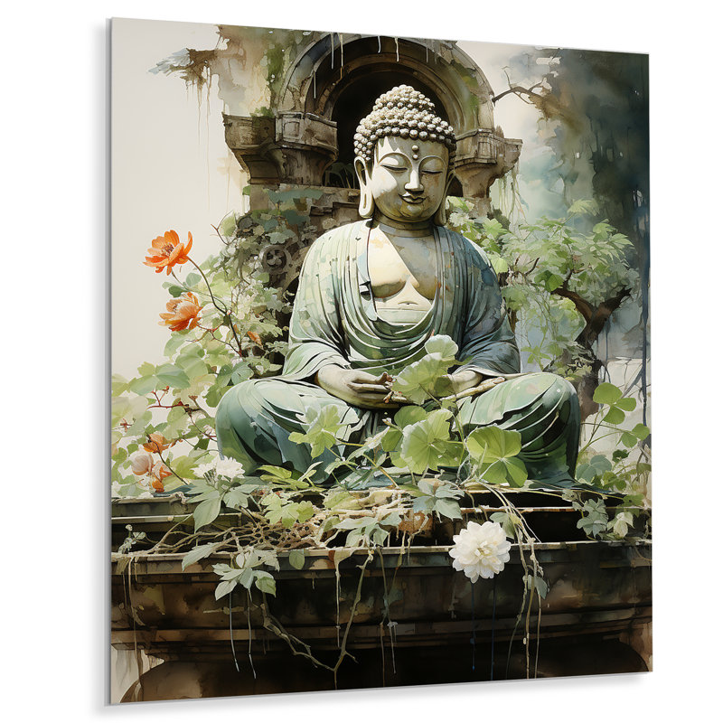 Bouddha vert, art bouddhas serein I - décoration murale en métal bouddhiste, H 32 po x l 24 po x P 1 po