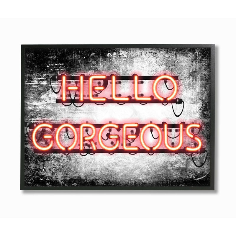 «Fashion Designer Hello Gorgeous Neon Light», art textuel, H 16 po x l 20 po, Giclée encadrée noir minuit