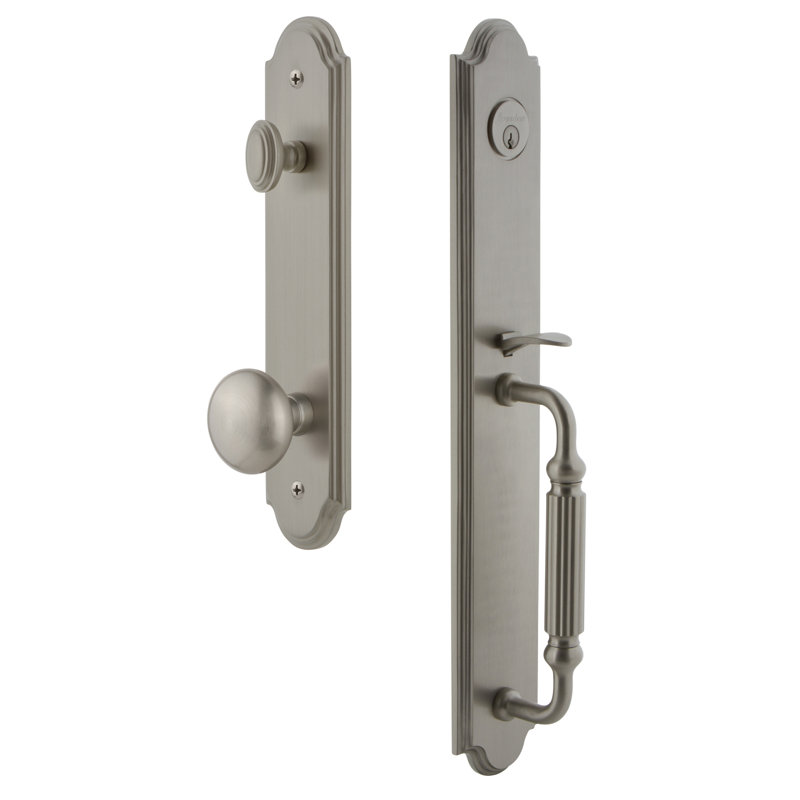 Arc Handleset with Single Cylinder Deadbolt and Fifth Avenue Door Knob and Arc Rosette, 2.75", Satin Nickel