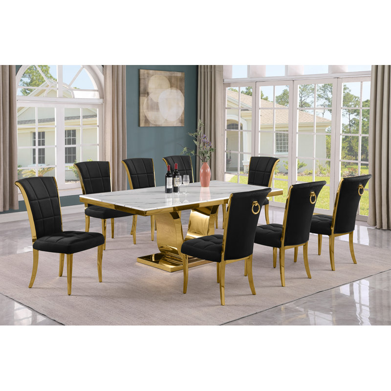 Horrace Marble Top Pedestal Dining Set, 9, Black/Gold
