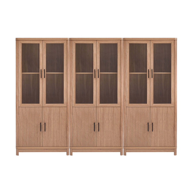Cabbar Bookcase with Adjustable Shelves and Tempered Glass Doors (Set of 3), Maple