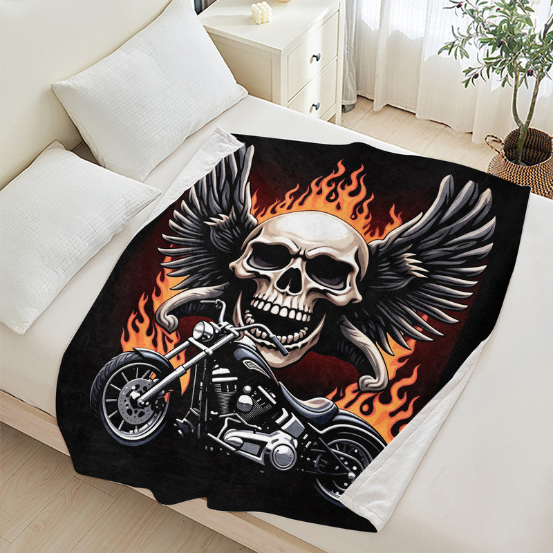 Couverture polaire en flanelle JYK Halloween, légère, respirante, douce et chaude en microfibre pelucheuse, 127 x 152 cm, motif tête de mort et moto enflammée