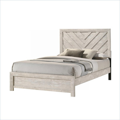 Neutral Gray Rustic Full Size Wooden Bed Frame, Geometric Chevron Pattern for Residential Bedroom Use